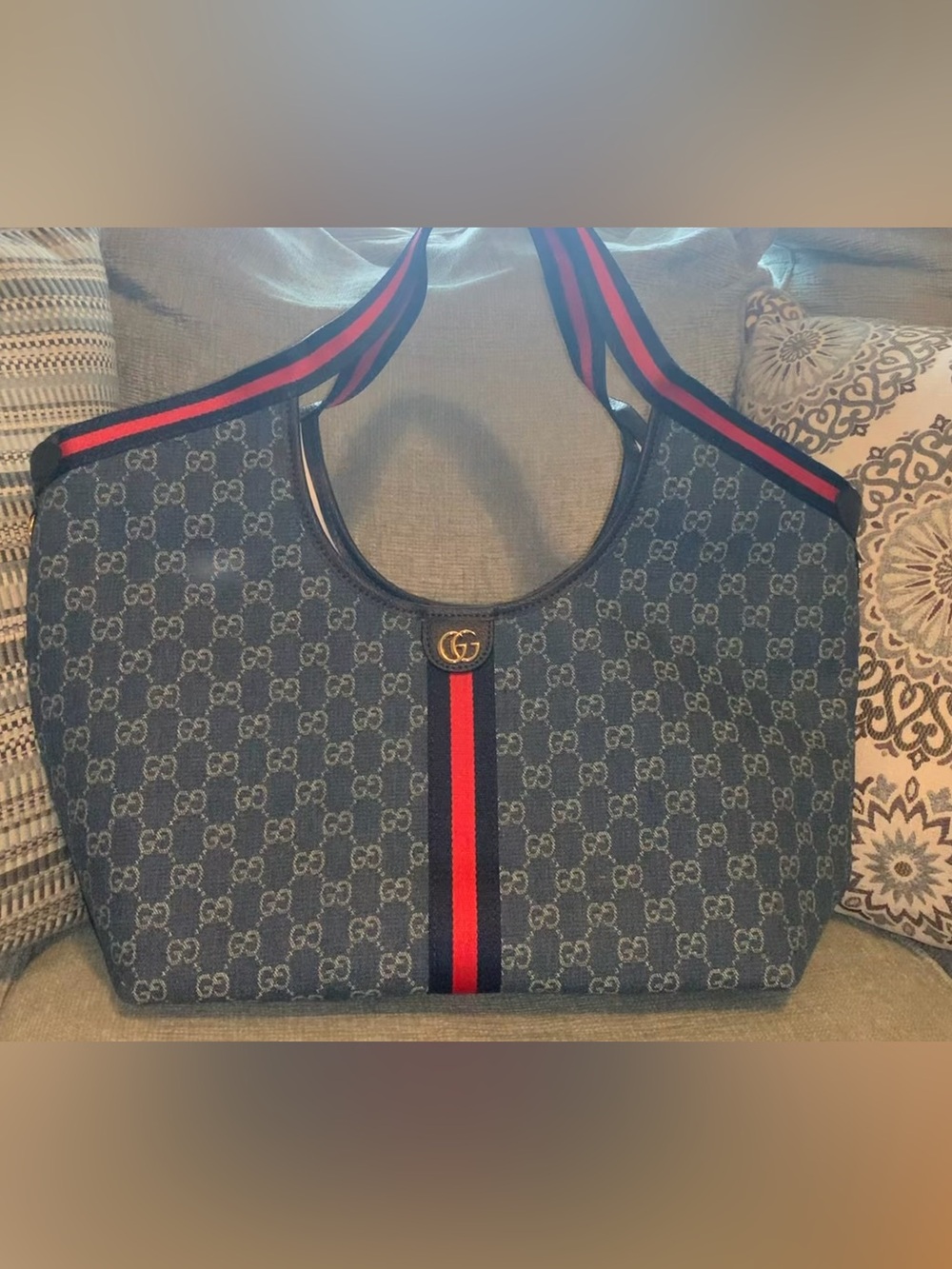 Blue Denim Tote with Red Stripe - Picture 3 of 5